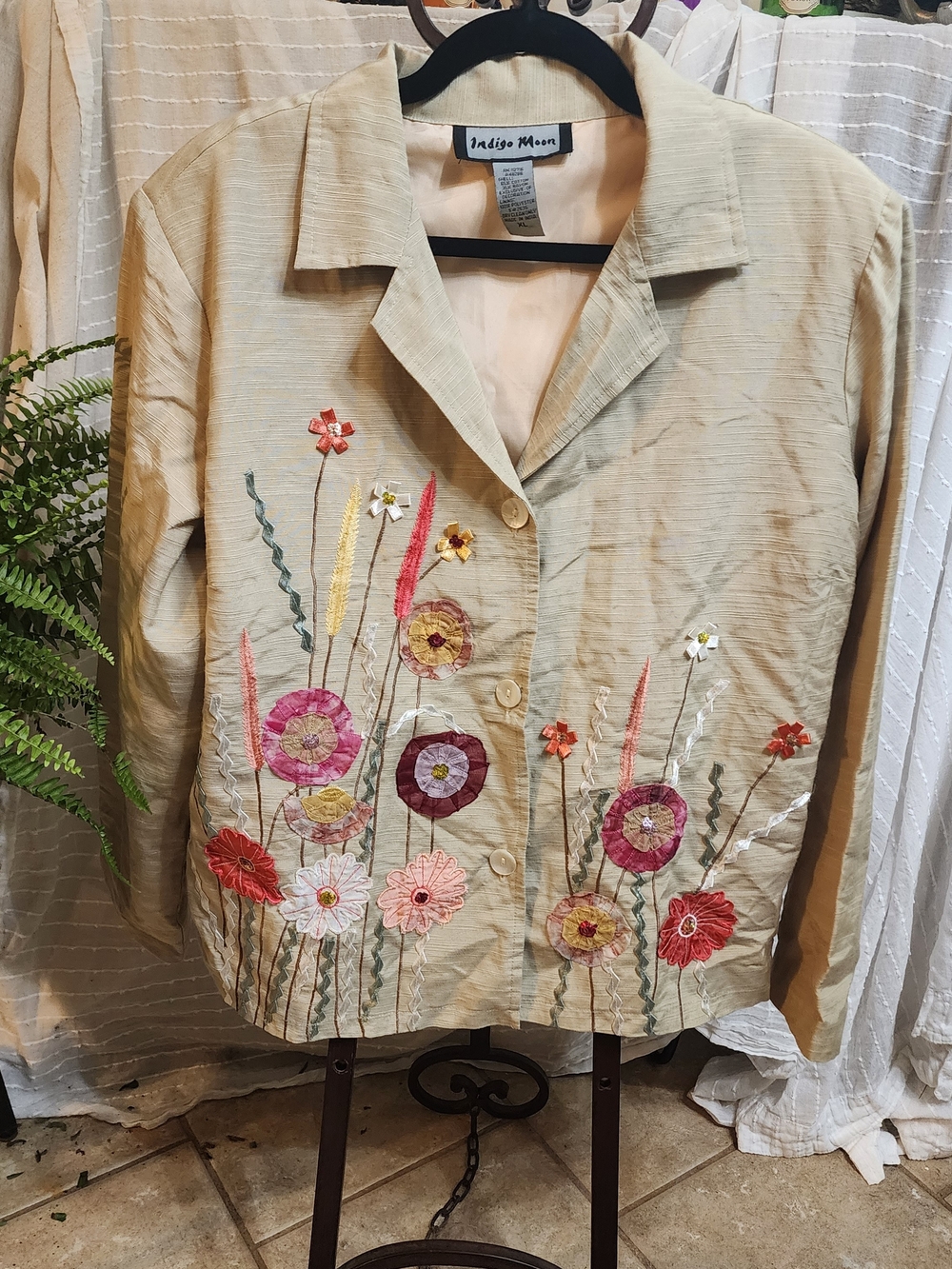 Indigo Moon Beige Embroidered Floral Jacket Cottagecore Fairy Whimsy Artsy